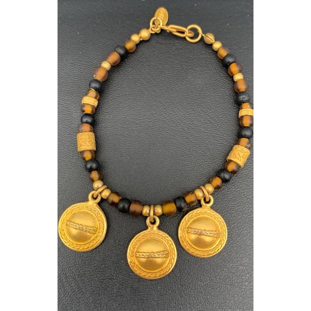 Signed INCA Peruvian Egyptian Revival Style Gold Tone Beaded Bracelet
